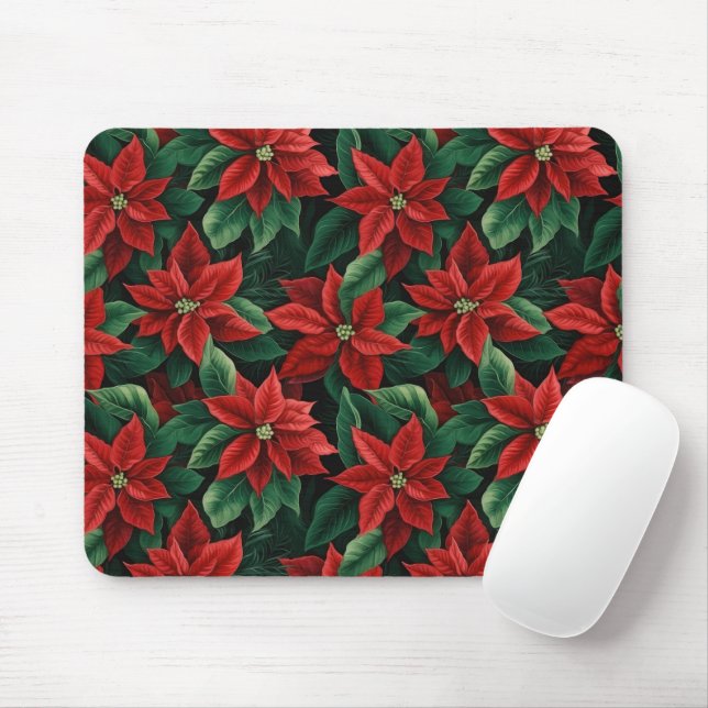 Pretty Red and Green Poinsettias Digital Art Mouse Mat (With Mouse)