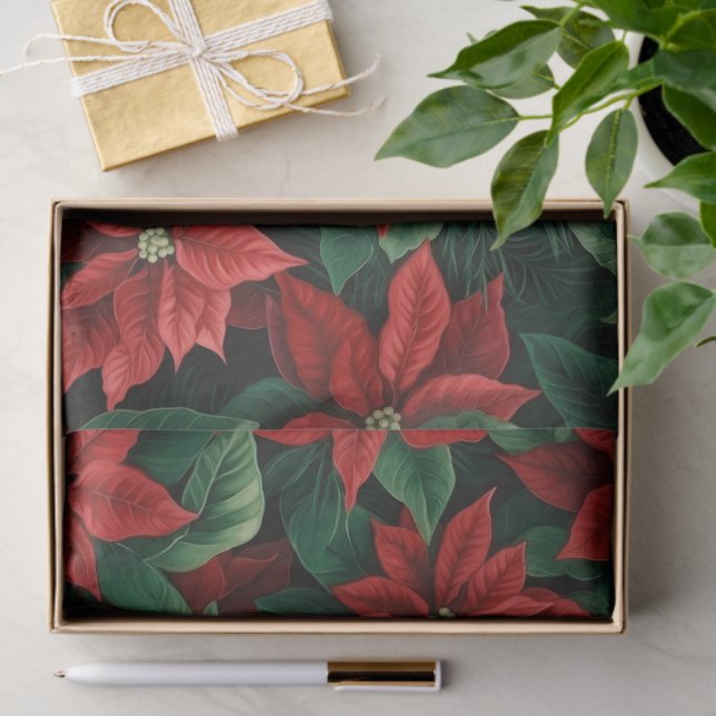 Pretty Red and Green Poinsettias Digital Art Tissue Paper (Gift)