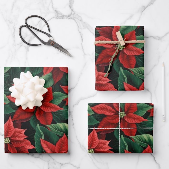 Pretty Red and Green Poinsettias Digital Art Wrapping Paper Sheet (Front)