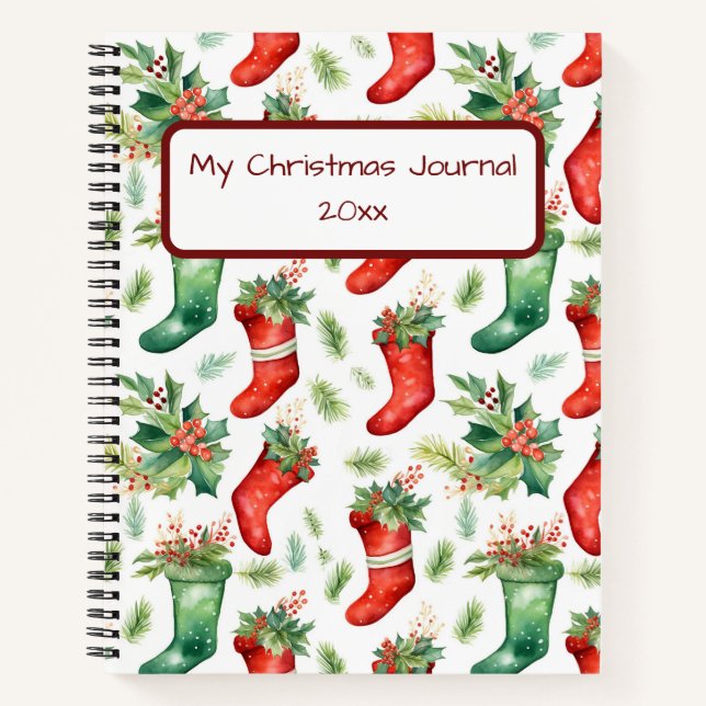 Pretty Red and Green Watercolor Stockings Notebook (Front)