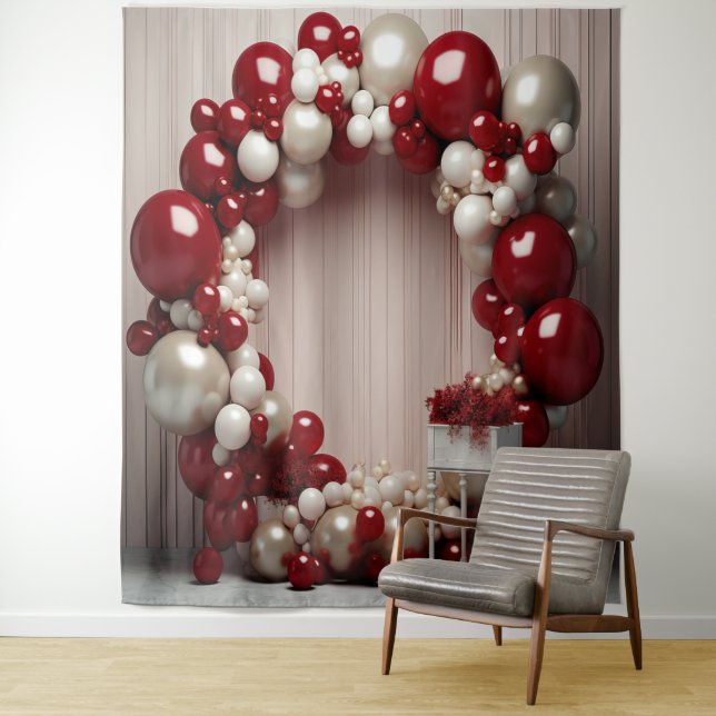 Pretty Red and Grey Balloon Arch Hanging Tapestry (In Situ)