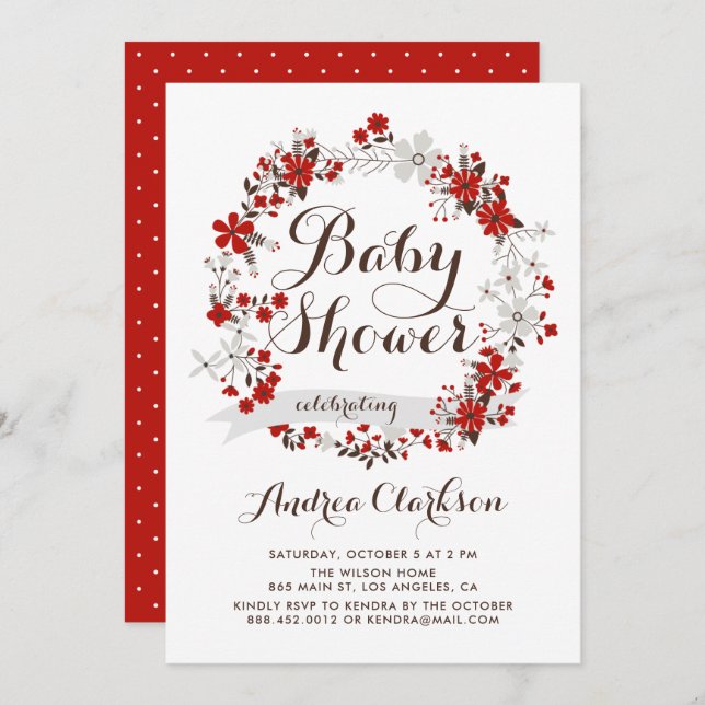 Pretty Red and Grey Floral Wreath Baby Shower Invitation (Front/Back)
