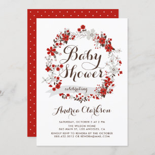 Pretty Red and Grey Floral Wreath Baby Shower Invitation
