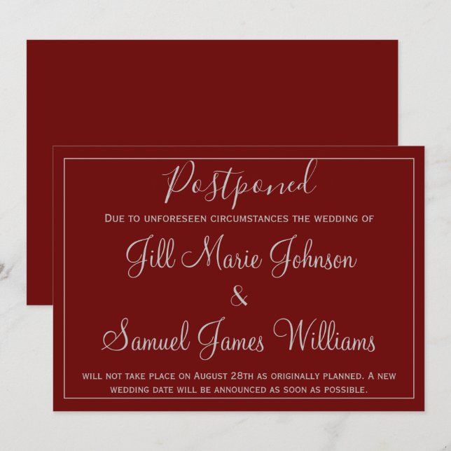 Pretty Red and Grey Wedding Postponed Invitation (Front/Back)