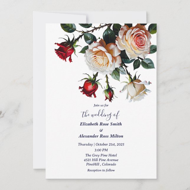 Pretty Red and pink white roses floral wedding Invitation (Front)