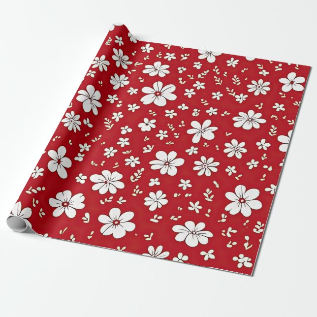 Pretty Red And White Flowers Wrapping Paper (Unrolled)