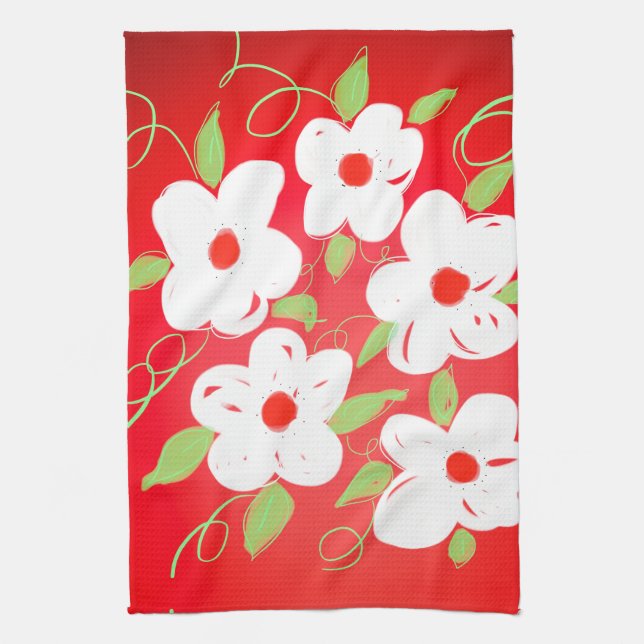 Pretty Red and White Print Tea Towel (Vertical)