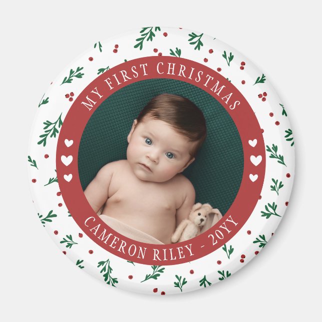 Pretty Red Berry Pattern Baby's First Christmas Magnet (Front)