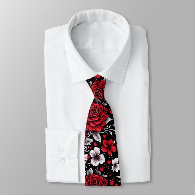 Pretty, Red, Black and White Roses, Hearts  Tie (Tied)