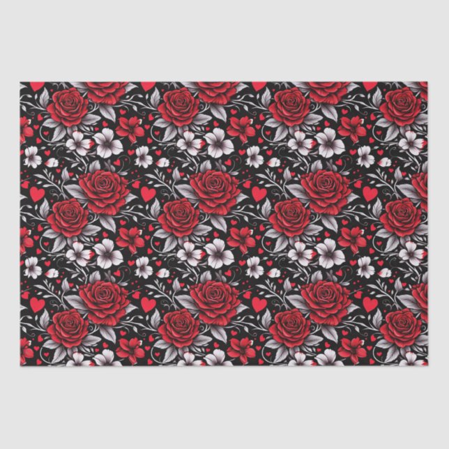 Pretty, Red, Black and White Roses, Hearts  Tissue Paper (Front)
