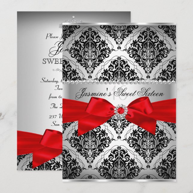 Pretty Red Black Damask Sweet 16 Invitation (Front/Back)