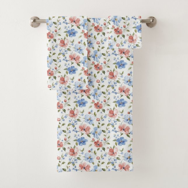 Pretty Red Blue Flowers Birthday Bath Towel Set (Insitu)