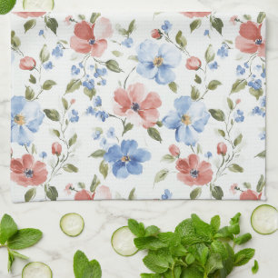 Pretty Red Blue Flowers Birthday Tea Towel