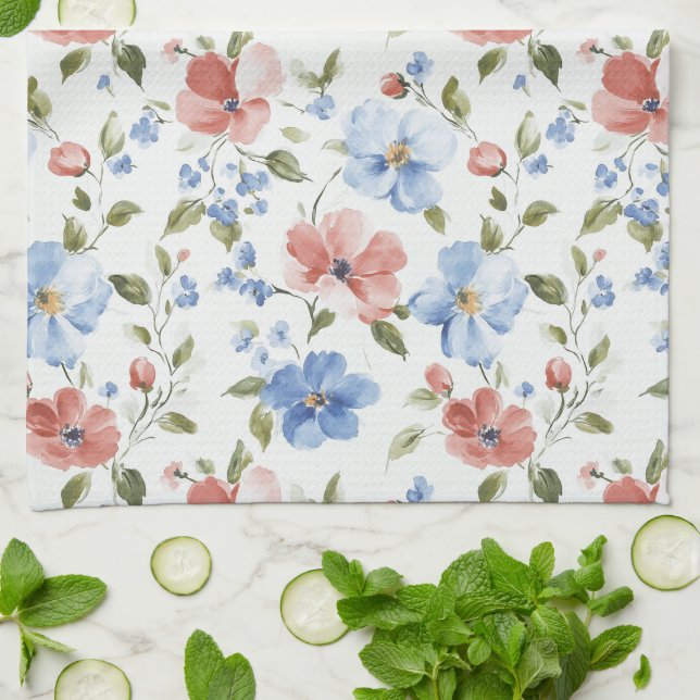 Pretty Red Blue Flowers Birthday Tea Towel (Folded)