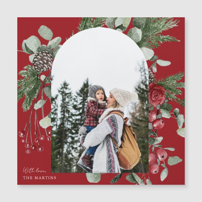 Pretty Red Botanical Photo Arch Christmas Magnet (Front)