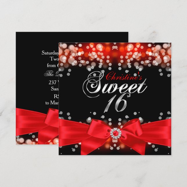 Pretty Red Bow & Sparkle Sweet Sixteen Invitation (Front/Back)