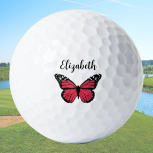 Pretty red butterfly with custom name ladies golf balls