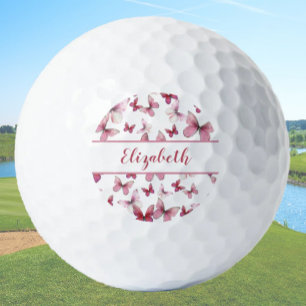 Pretty red butterfly with custom name ladies golf balls