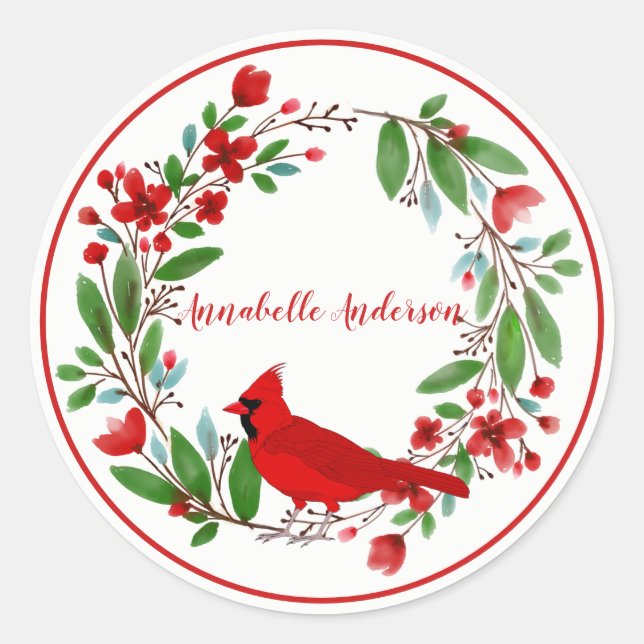 Pretty Red Cardinal and Wreath Personalise  Classic Round Sticker (Front)
