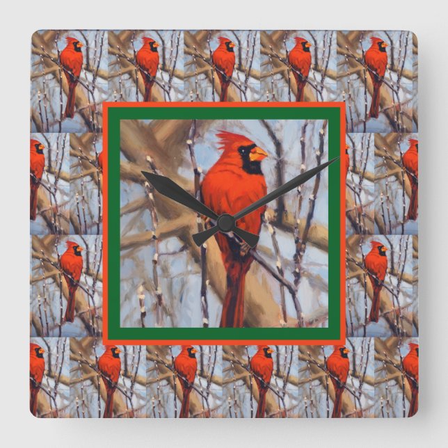 Pretty Red Cardinal Bird in Winter Square Wall Clock (Front)