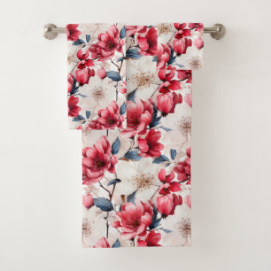 Pretty Red Cherry Floral Pattern Bath Towel Set