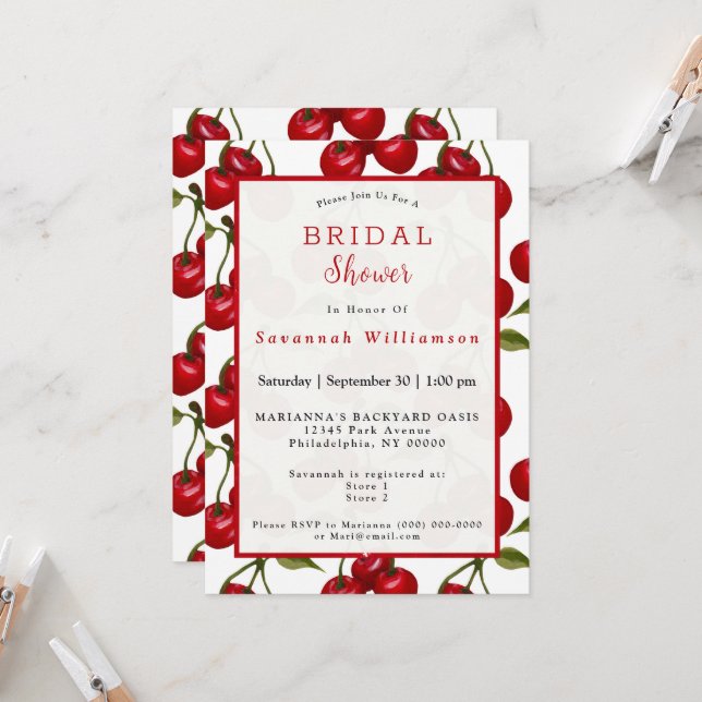 Pretty Red Cherry Watercolor Bridal Shower Invitation (Front/Back In Situ)