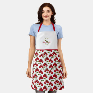 Pretty Red Cherry Watercolor Monogram Apron