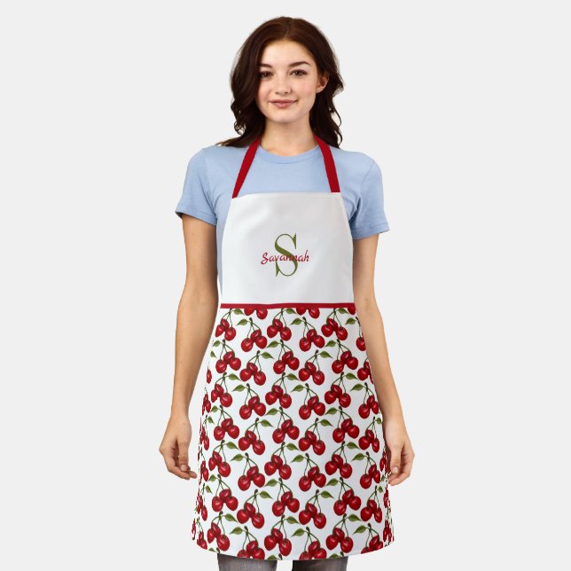 Pretty Red Cherry Watercolor Monogram Apron (Worn)