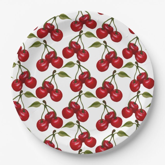 Pretty Red Cherry Watercolor Paper Plate (Front)