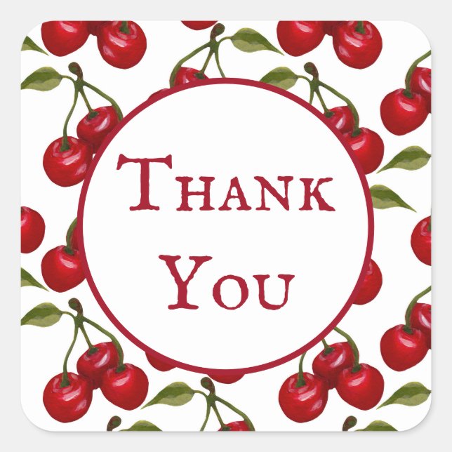 Pretty Red Cherry Watercolor Thank You Square Sticker (Front)
