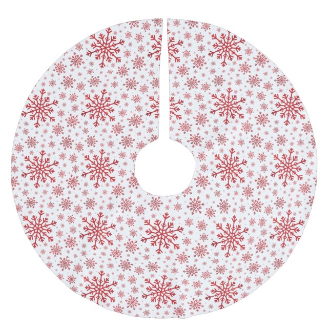 Pretty Red Christmas Snowflakes on Winter White Brushed Polyester Tree Skirt (Front)