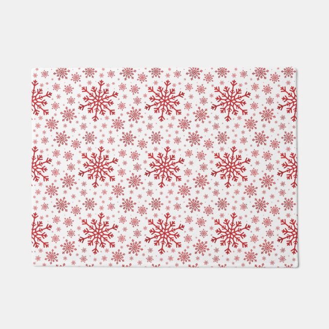 Pretty Red Christmas Snowflakes on Winter White Doormat (Front)