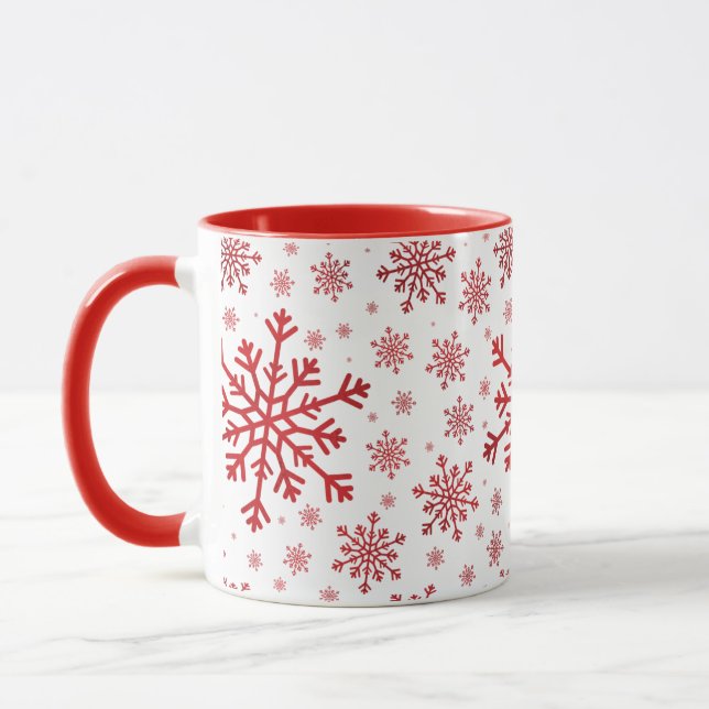 Pretty Red Christmas Snowflakes on Winter White Mug (Left)