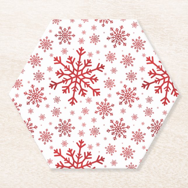 Pretty Red Christmas Snowflakes on Winter White Paper Coaster (Front)