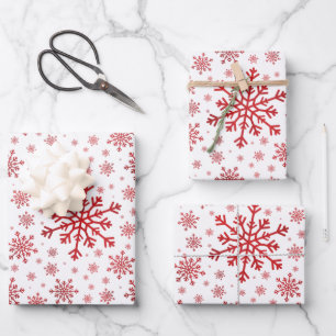 Pretty Red Christmas Snowflakes on Winter White Wrapping Paper Sheet