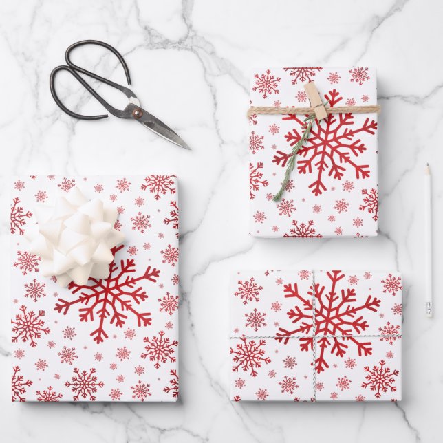 Pretty Red Christmas Snowflakes on Winter White Wrapping Paper Sheet (Front)