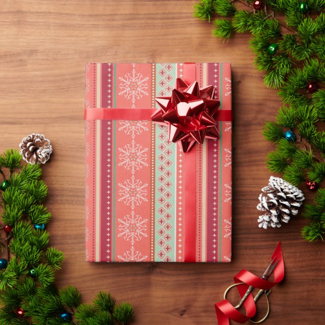 Pretty red Christmas stripes snowflakes gift wrap (Holiday Gift)