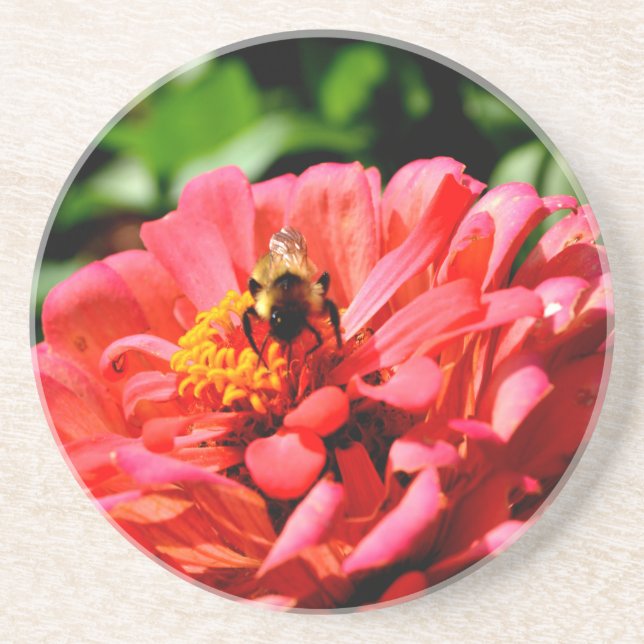 Pretty red floral and honeybee coaster (Front)