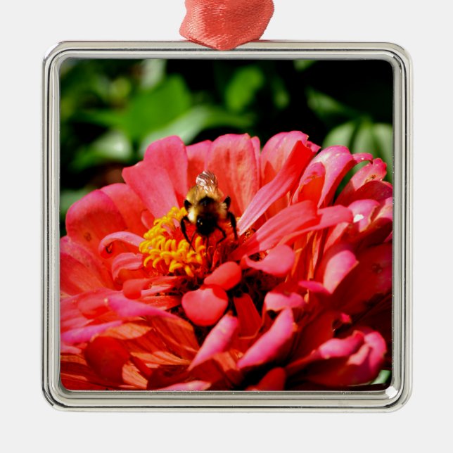 Pretty red floral and honeybee metal tree decoration (Front)