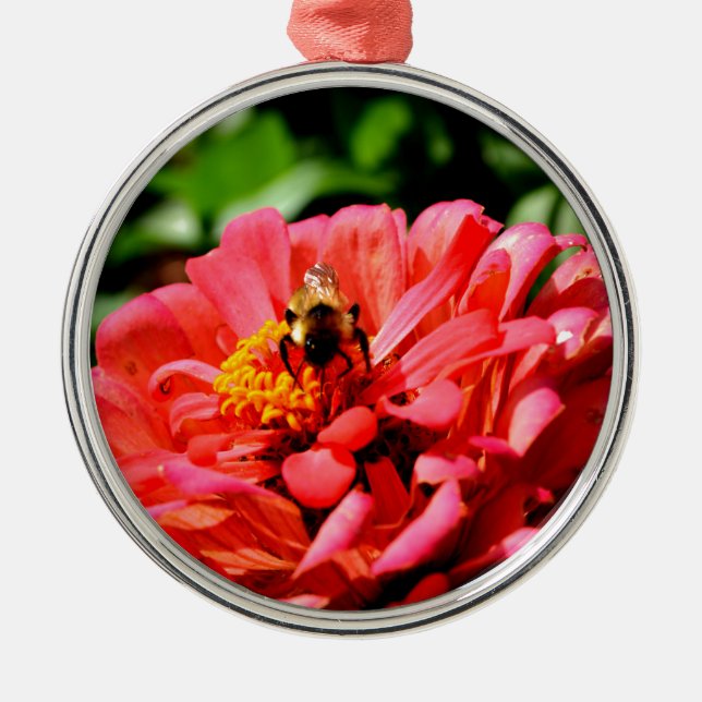 Pretty red floral and honeybee metal tree decoration (Front)