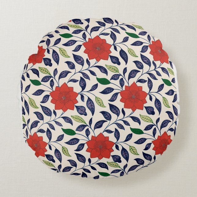 Pretty red floral pattern round cushion (Front)