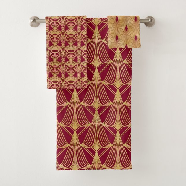 PRETTY RED & GOLD FAN LOOK ART DECO PATTERNS BATH TOWEL SET (Insitu)