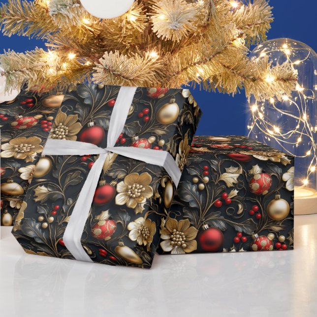 Pretty Red & Gold Ornaments Gold Flowers Holly Wrapping Paper (Holidays)