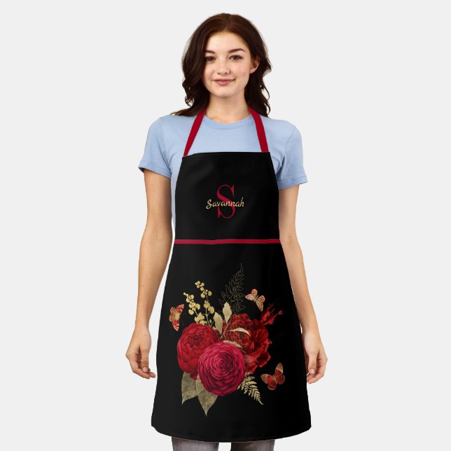 Pretty Red Gold Rose Butterfly  Monogram Apron (Worn)
