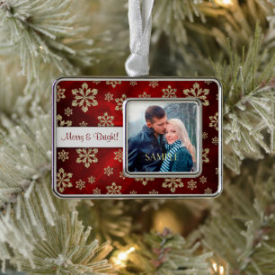 Pretty Red Gold Snowflake Template Silver Plated Framed Ornament