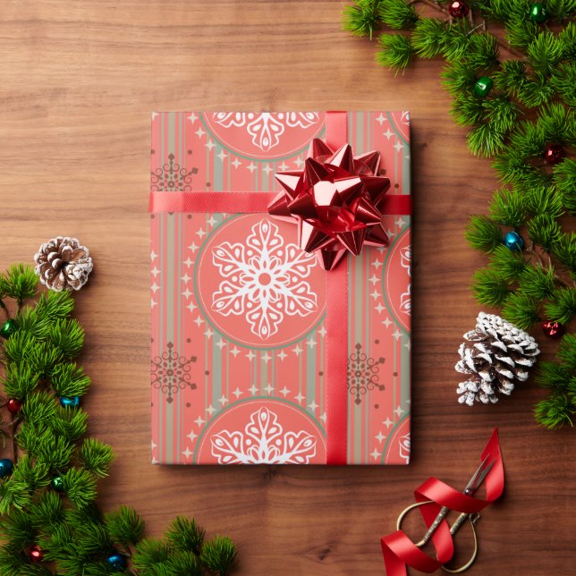 Pretty red green Christmas snowflakes gift wrap (Holiday Gift)