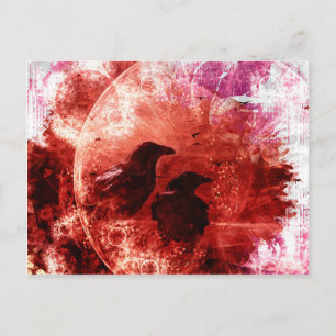 Pretty Red Grunge Raven Fantasy Design Postcard