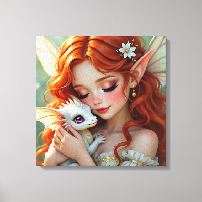 Pretty Red Haired Fairy with Dragon Canvas Print (Front)