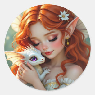 Pretty Red Haired Fairy with Dragon Classic Round Sticker