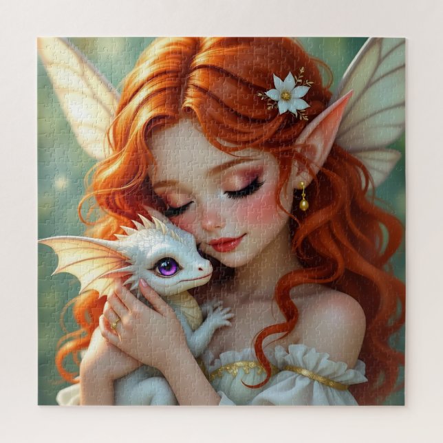 Pretty Red Haired Fairy with Dragon Jigsaw Puzzle (Vertical)